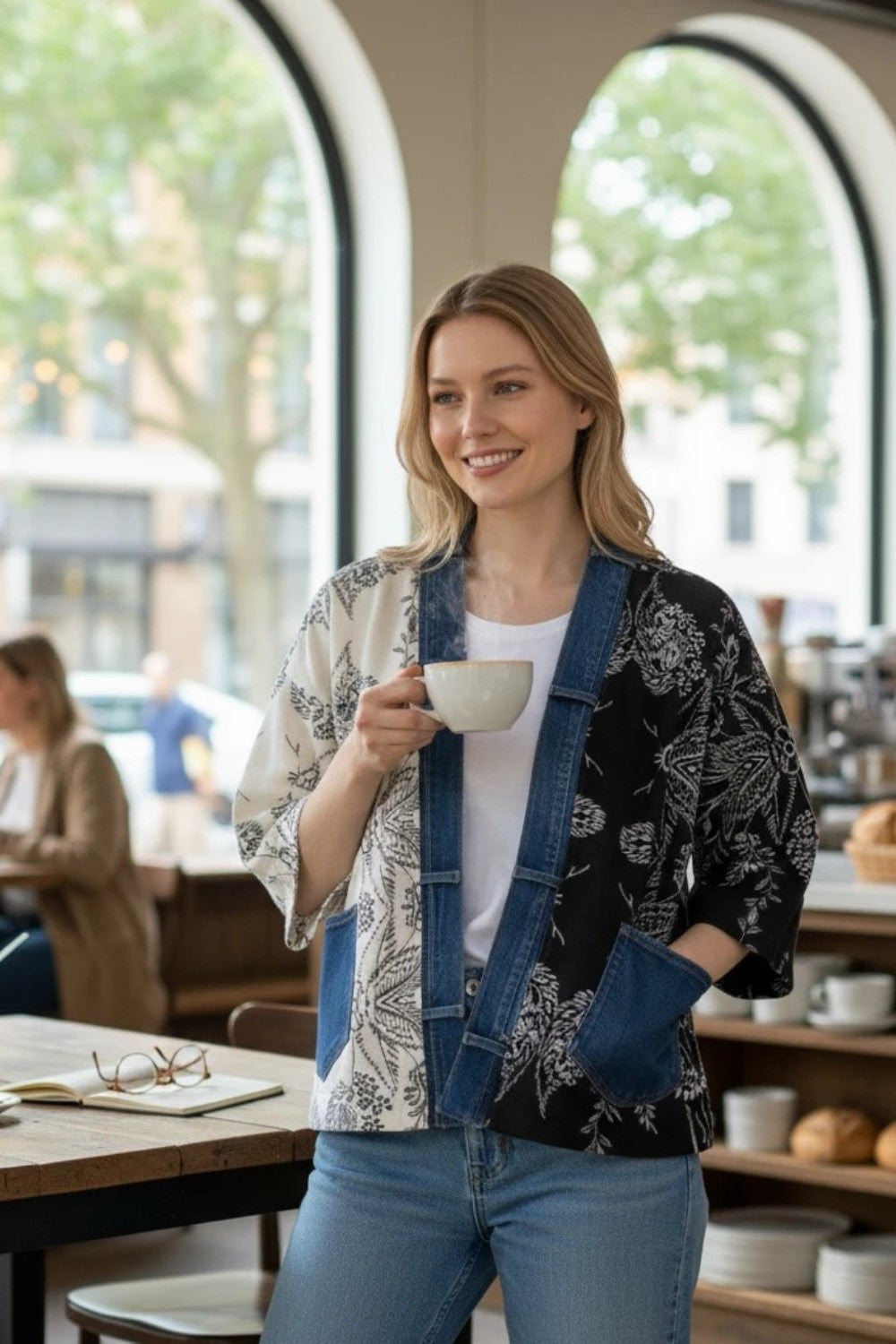 Broderick's Clothing Co. Shannon Passero Karol Cardigan with split-panel floral print and denim trim in a cafe setting