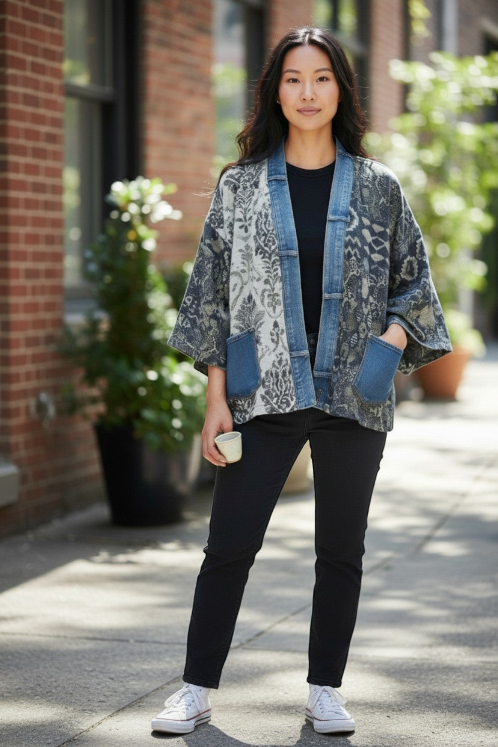 Broderick's Clothing Co. Shannon Passero Karol Cardigan with patterned fabric, denim trim, and patch pockets.