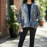 Broderick's Clothing Co. Shannon Passero Karol Cardigan with patterned fabric, denim trim, and patch pockets.