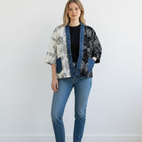 Broderick's Clothing Co. Shannon Passero Karol cardigan with cream and black floral panels and denim trim.