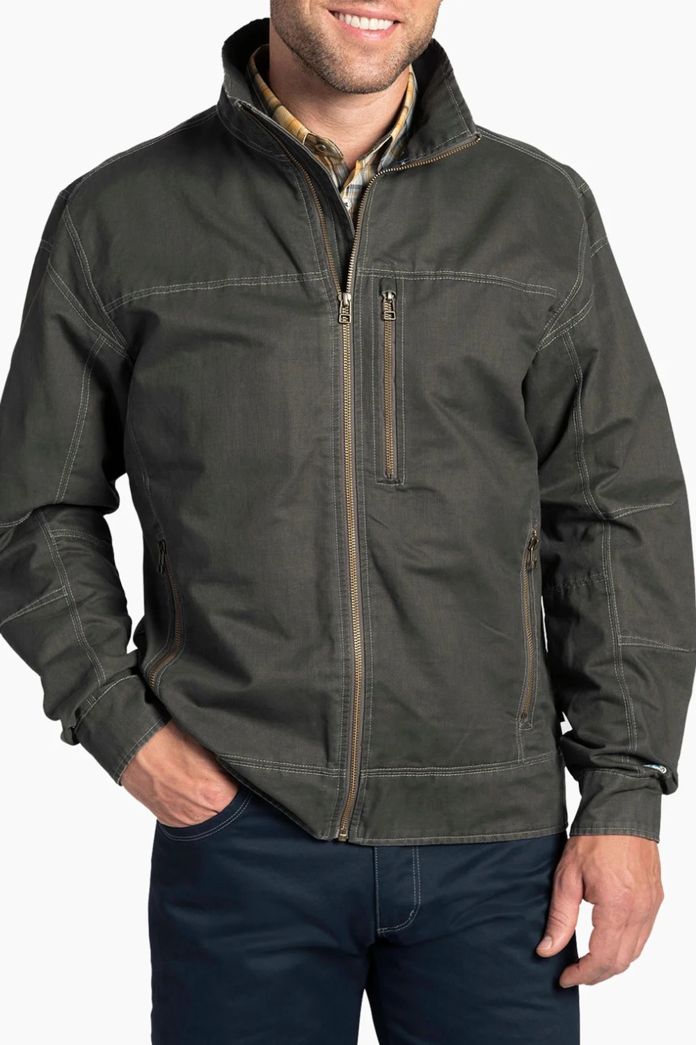 Broderick's Clothing Co. KÜHL BURR jacket in dark grey canvas with contrast stitching and full zip front