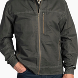 Broderick's Clothing Co. KÜHL BURR jacket in dark grey canvas with contrast stitching and full zip front
