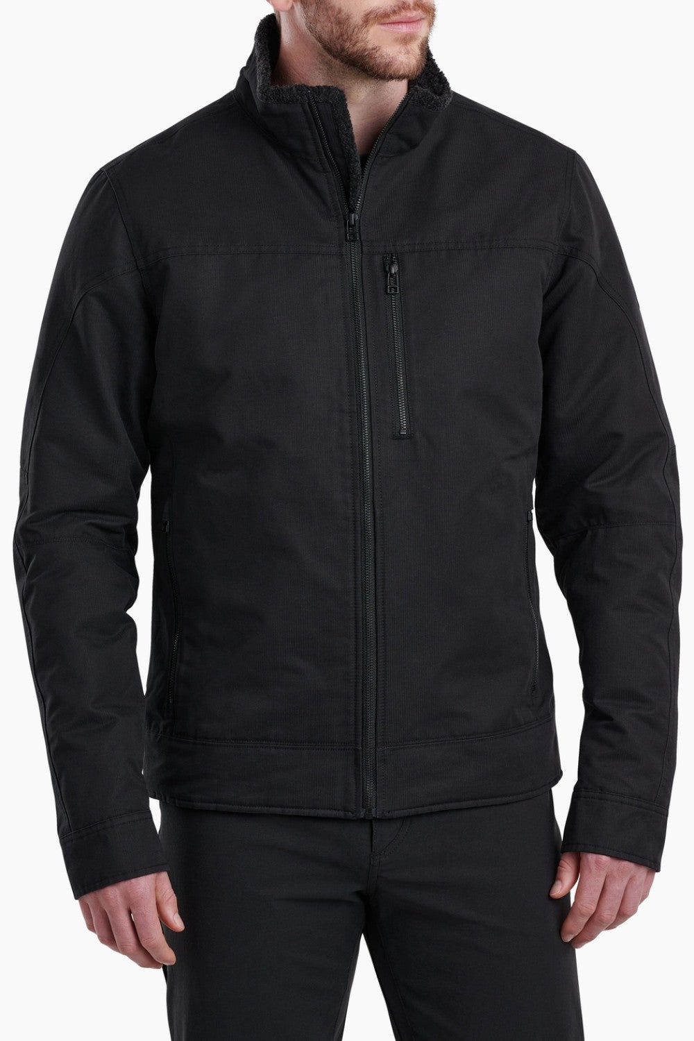 Broderick's Clothing Co. KÜHL BURR insulated black cotton jacket with berber collar and zippered chest pocket.