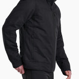 Broderick's Clothing Co. KÜHL BURR black insulated jacket with berber collar and rugged cotton exterior on a model