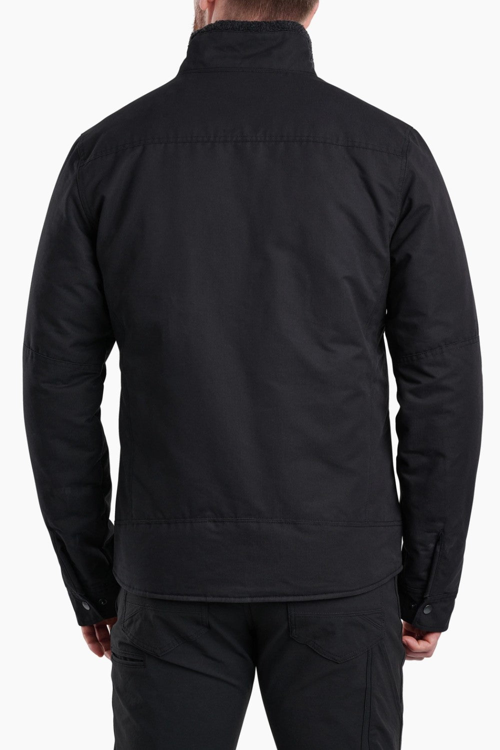 Back view of Broderick's Clothing Co. KÜHL BURR insulated black cotton jacket with quilted lining and berber collar.