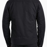Back view of Broderick's Clothing Co. KÜHL BURR insulated black cotton jacket with quilted lining and berber collar.