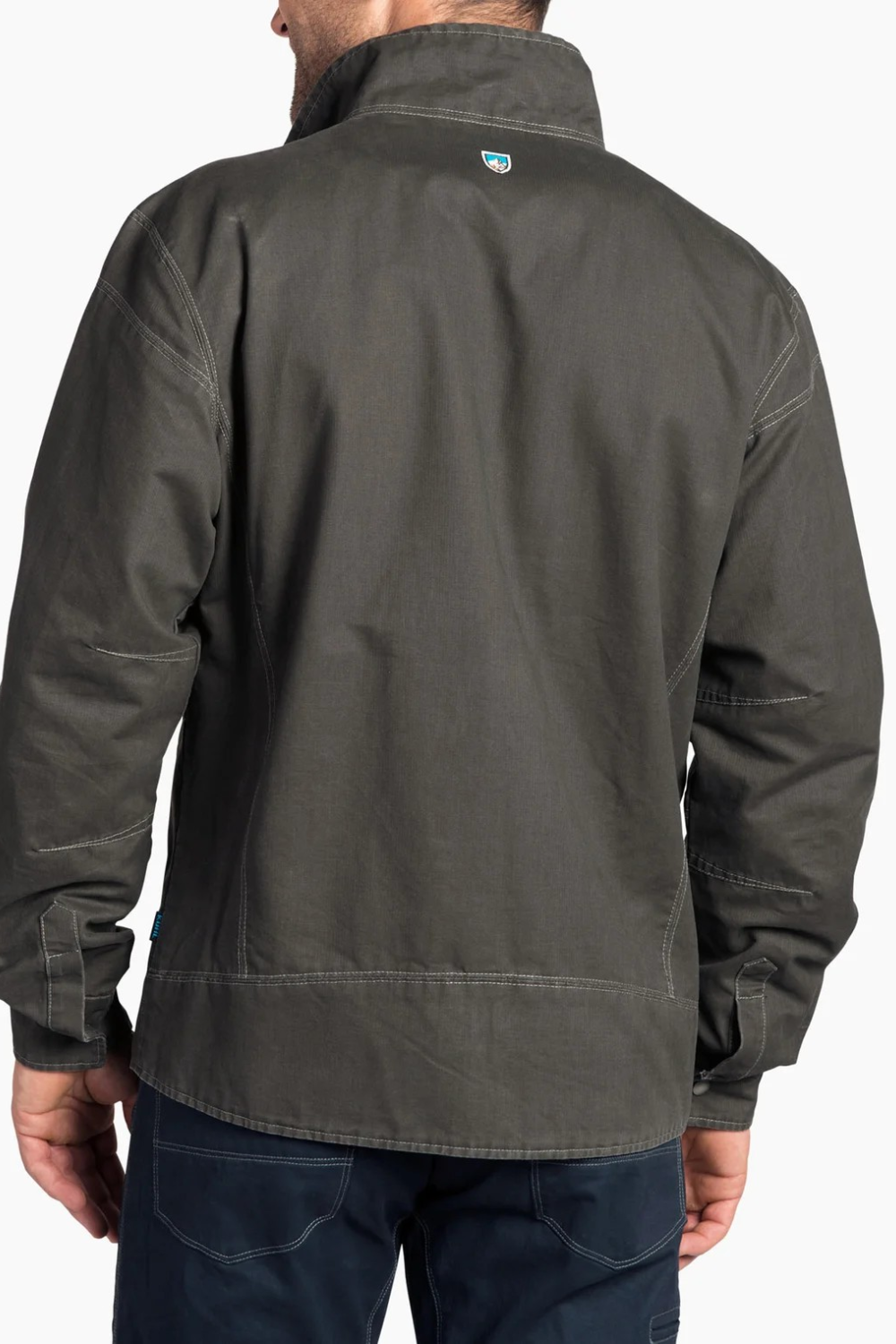 Broderick's Clothing Co. KÜHL BURR jacket in dark grey canvas with articulated sleeves and contrast stitching