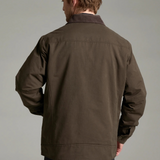 Broderick's Clothing Co. KÜHL MAVERICK jacket in olive canvas with fleece lining, shown from the back on a model.