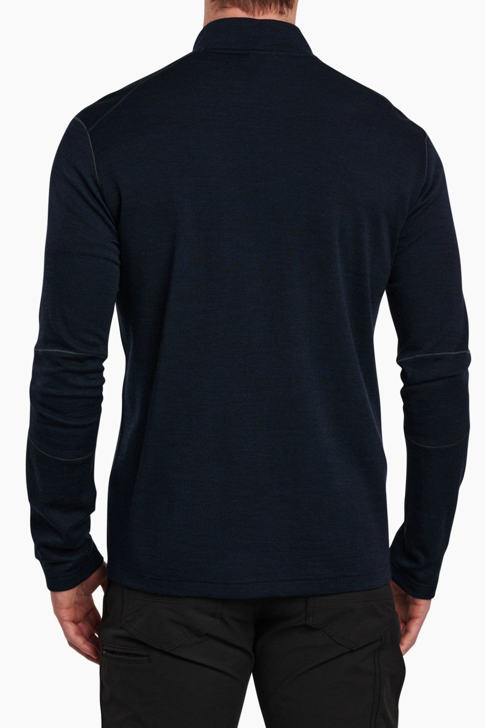 Back view of Broderick's Clothing Co. KÜHL INVIGORATR navy merino wool quarter zip with flat seam construction.