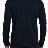 Back view of Broderick's Clothing Co. KÜHL INVIGORATR navy merino wool quarter zip with flat seam construction.