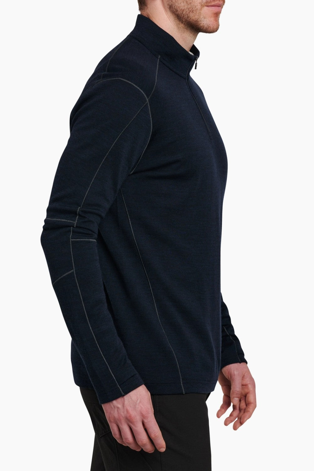 Broderick's Clothing Co. KÜHL INVIGORATR navy blue merino wool quarter-zip pullover with flat seam construction.