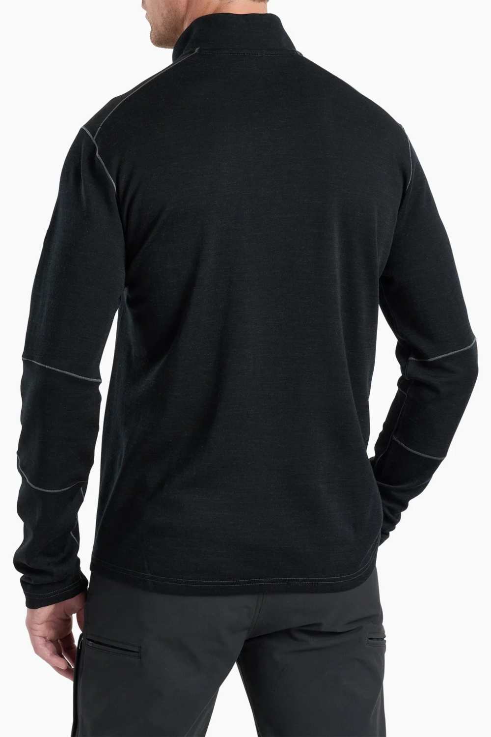 Back view of Broderick's Clothing Co. KÜHL INVIGORATR black merino wool quarter zip with flat seam construction.