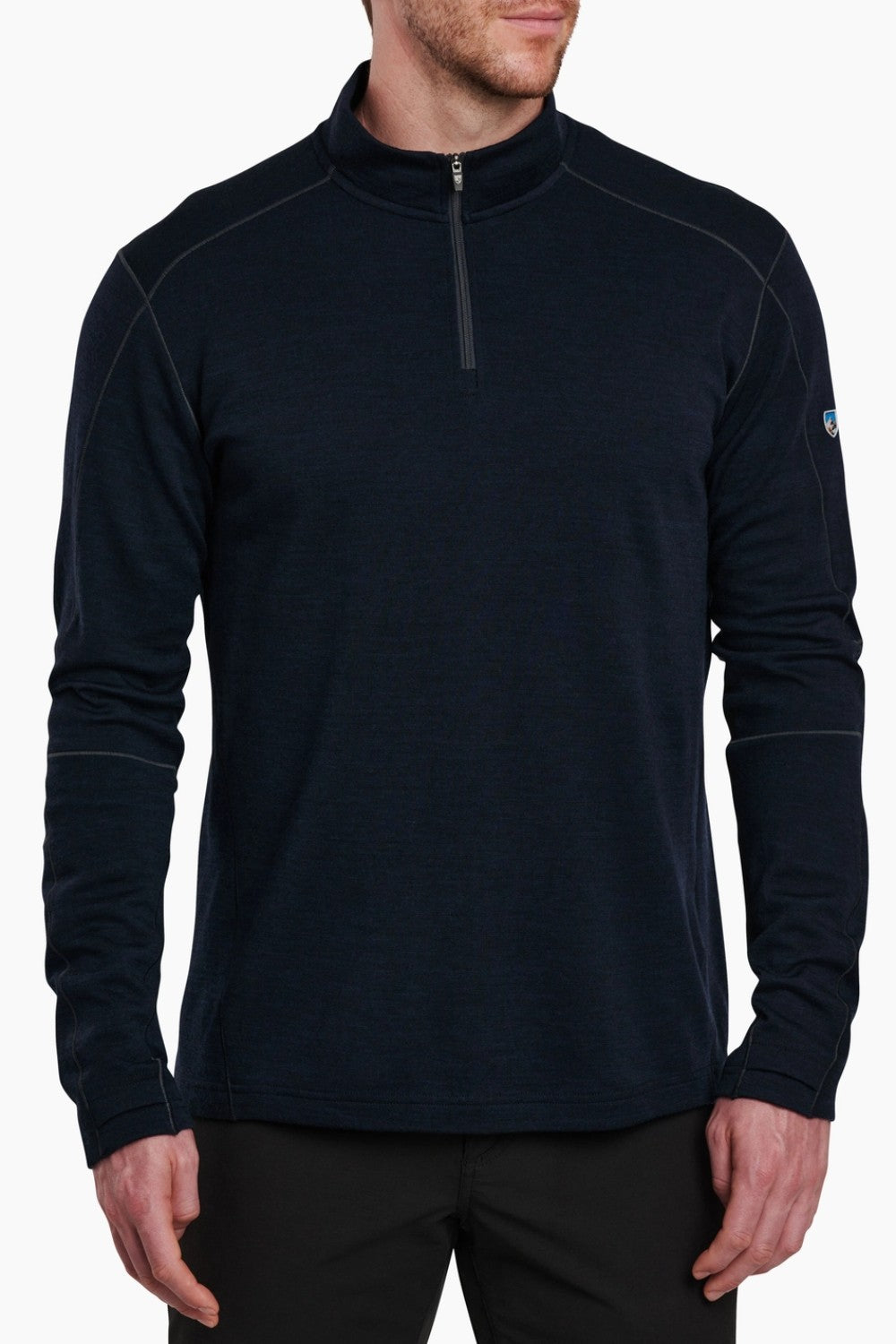 Broderick's Clothing Co. KÜHL INVIGORATR navy blue merino wool quarter-zip pullover with flat seam construction.