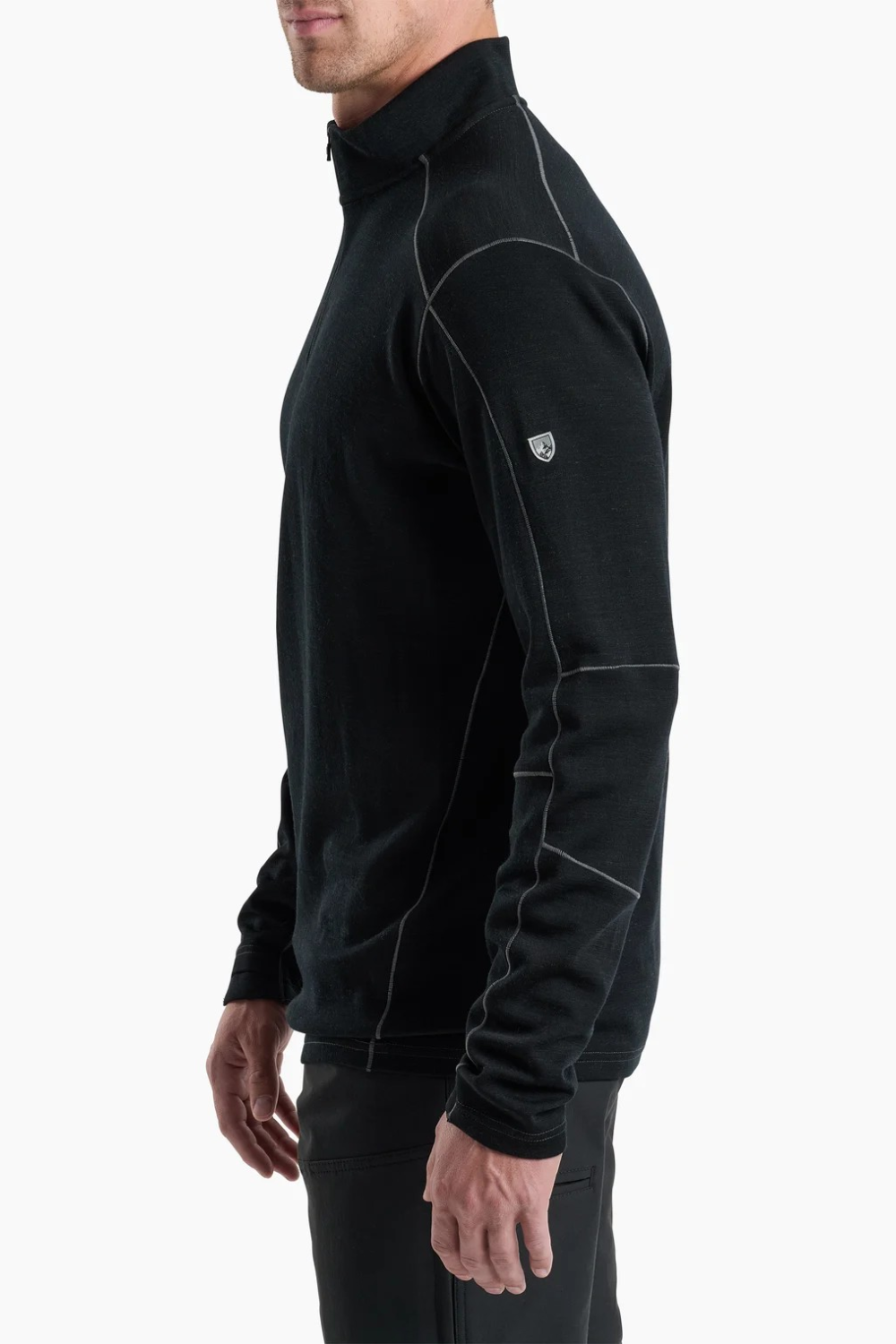 Broderick's Clothing Co. KÜHL INVIGORATR black merino wool quarter-zip with flat seams and athletic fit, side view