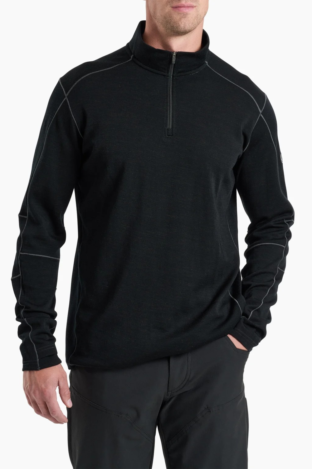 Broderick's Clothing Co. KÜHL INVIGORATR black merino wool quarter zip with flat seam construction on a male model