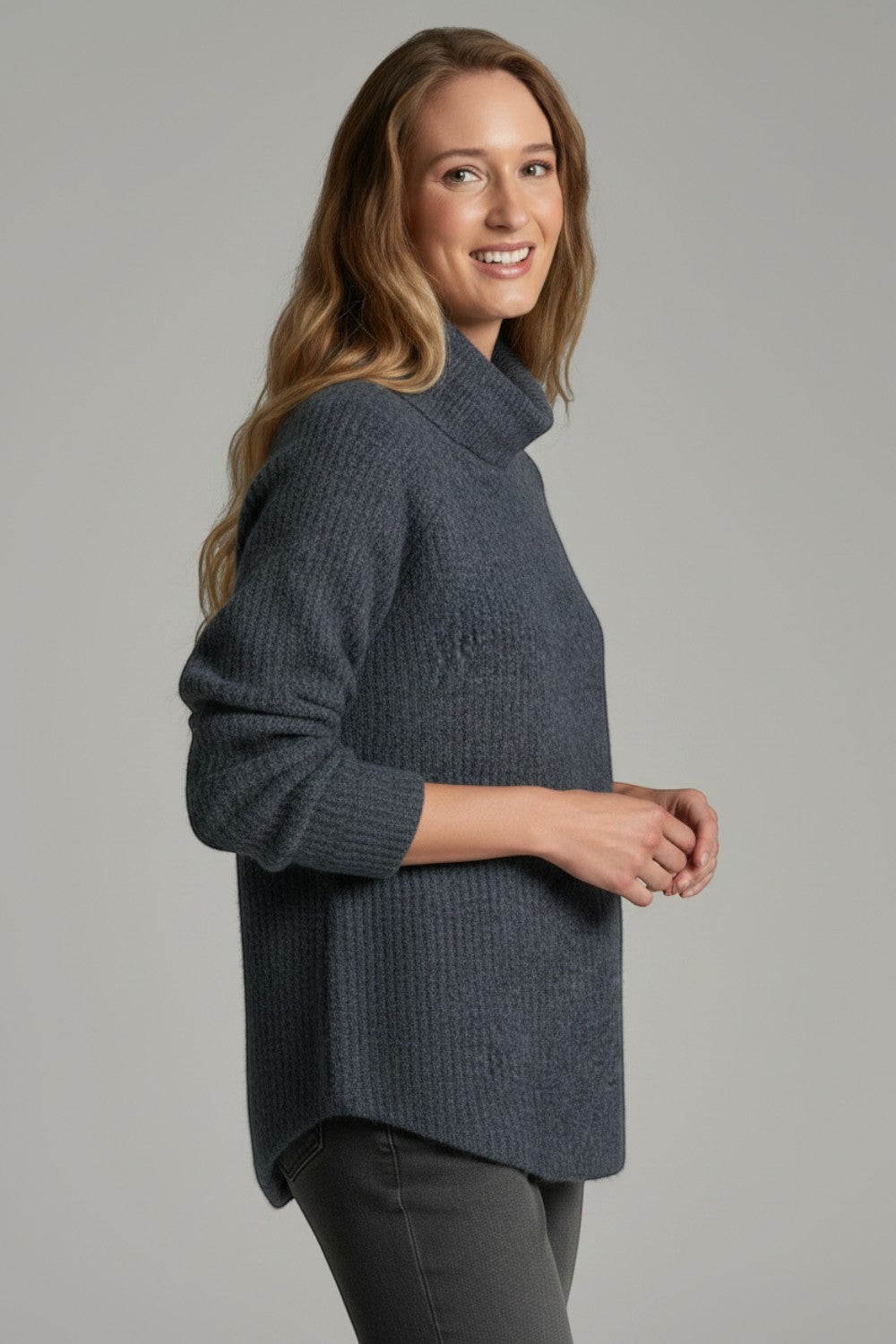 Broderick's Clothing Co. KÜHL Sienna charcoal grey chunky knit sweater with a ribbed cowl neck and curved hem