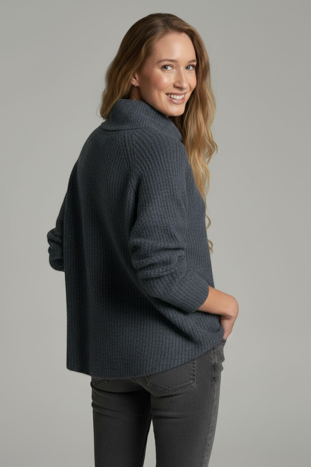 Broderick's Clothing Co. KÜHL Sienna sweater in charcoal grey with a ribbed cowl neck and chunky knit texture