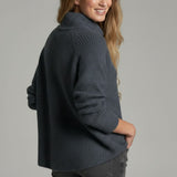 Broderick's Clothing Co. KÜHL Sienna sweater in charcoal grey with a ribbed cowl neck and chunky knit texture