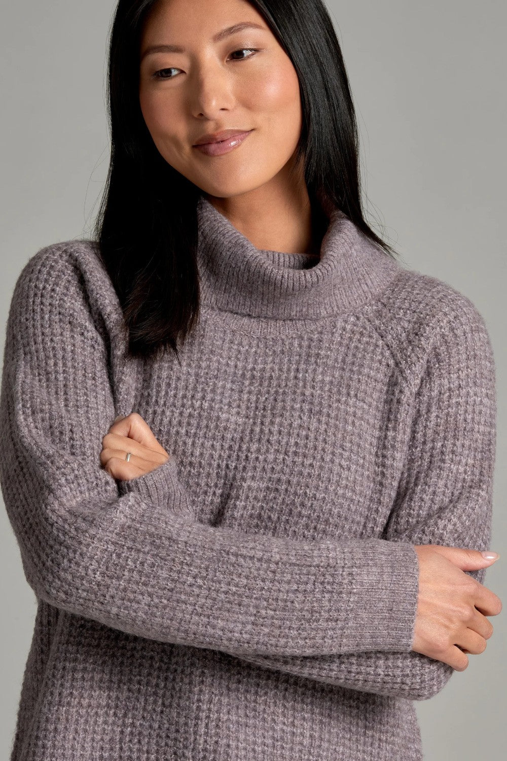 Broderick's Clothing Co. KÜHL Sienna sweater in heathered mauve with a ribbed cowl neck and raglan sleeves