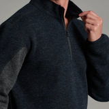 Broderick's Clothing Co. KÜHL Thor 1/4 zip sweater in dark navy wool blend with microfleece interior and grey panels.