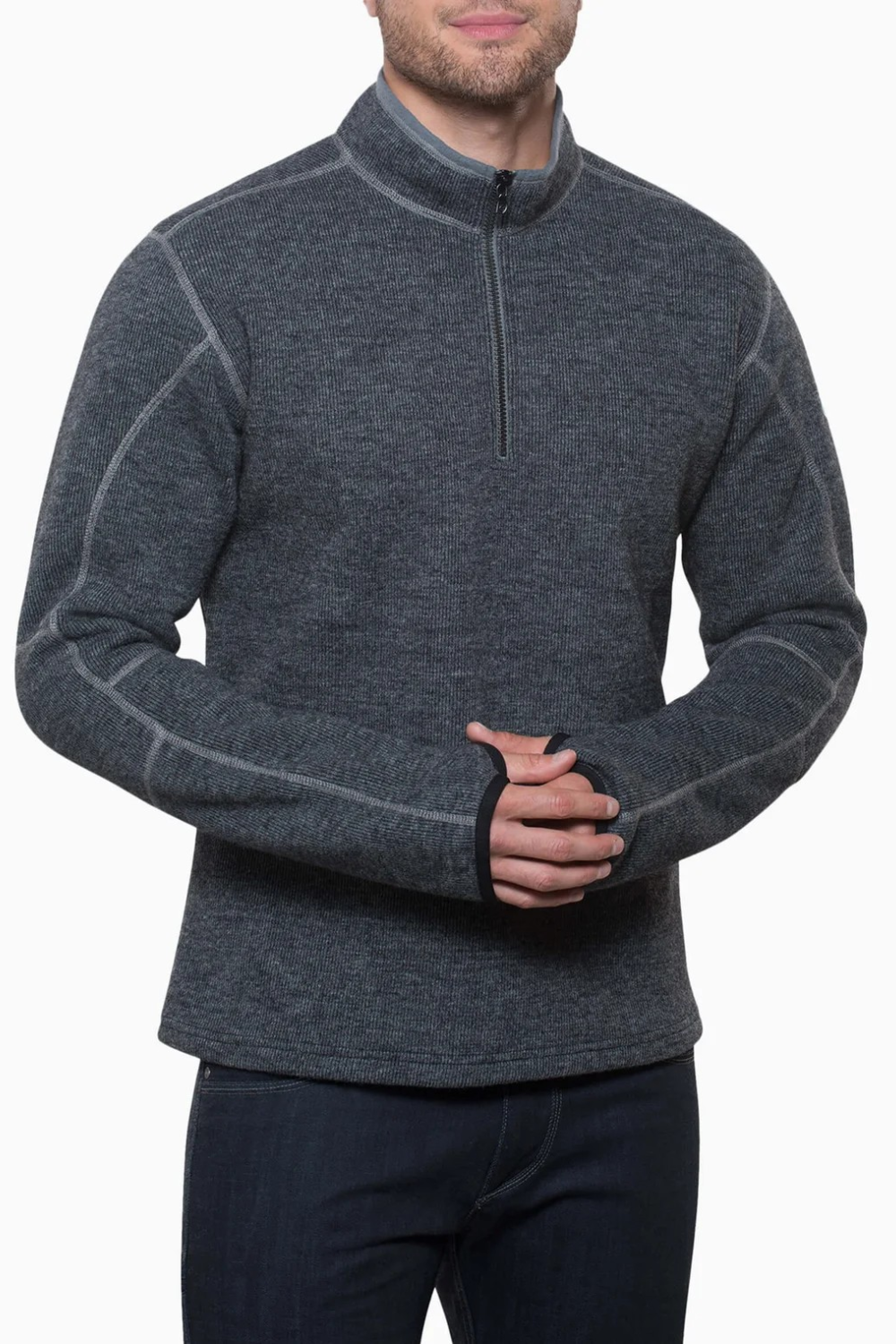 Broderick's Clothing Co. KÜHL Thor 1/4 zip sweater in charcoal grey wool blend with articulated sleeves and thumbholes