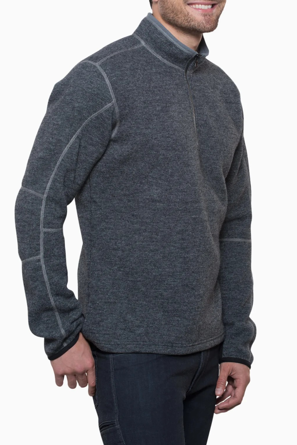 Broderick's Clothing Co. KÜHL Thor charcoal grey wool blend quarter-zip sweater with articulated sleeves.