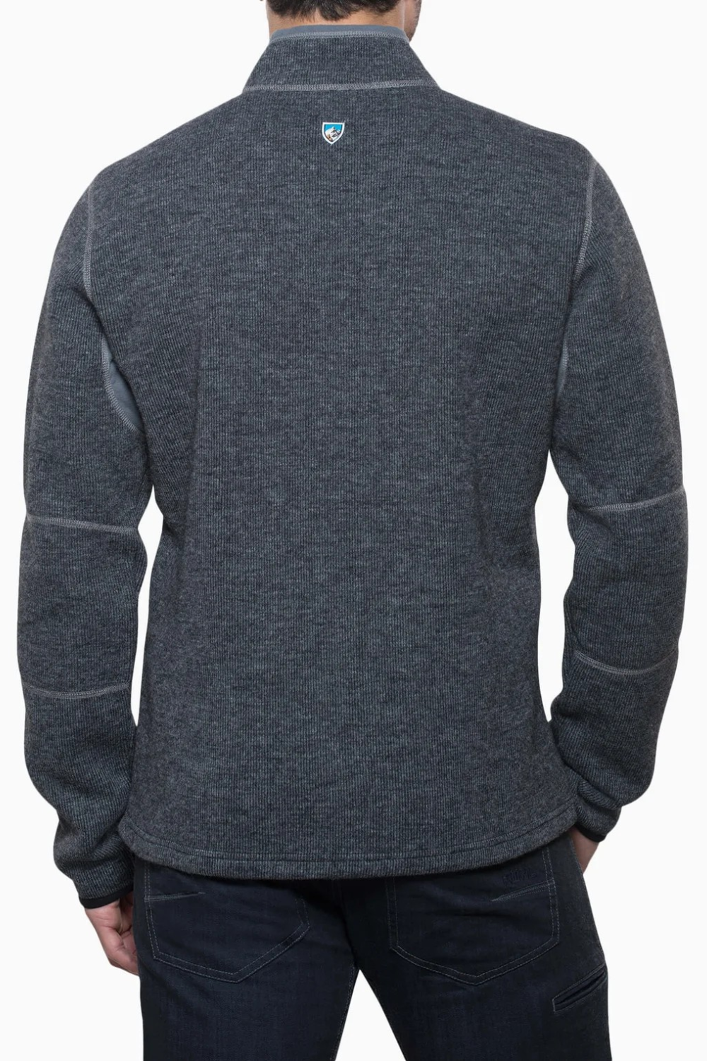 Back view of Broderick's Clothing Co. KÜHL Thor 1/4 zip sweater in charcoal grey wool blend with articulated sleeves.