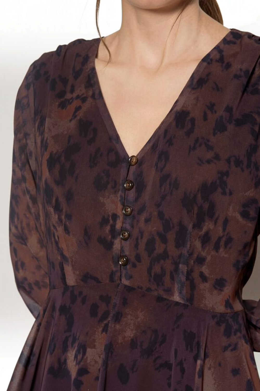Broderick's Clothing Co. apricot leopard print chiffon midi dress with V-neck and button-down bodice detail