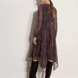 Broderick's Clothing Co. apricot leopard print chiffon midi dress with hanky hem and blouson sleeves, back view.