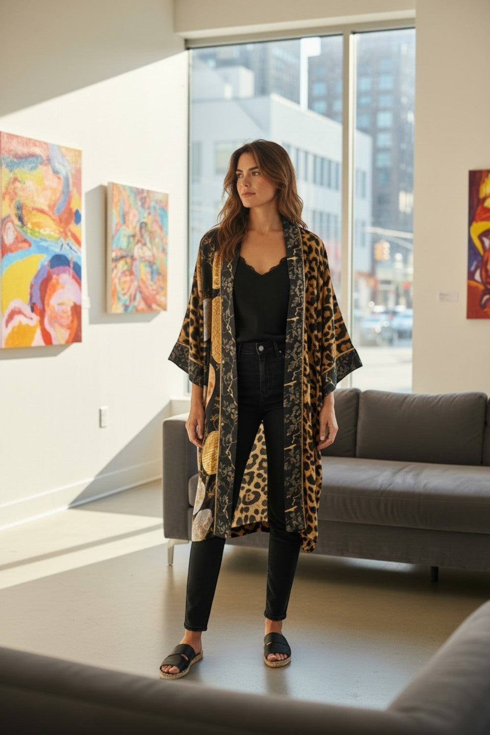 Broderick's Clothing Co. Shannon Passero Dylan kimono cardigan with leopard print and gold circular motifs