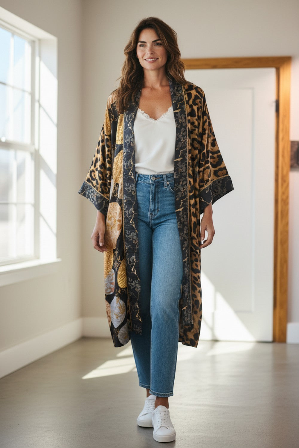 Broderick's Clothing Co. Shannon Passero Dylan kimono cardigan with leopard print and gold circular motifs