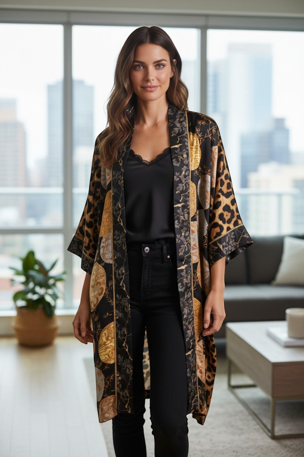 Broderick's Clothing Co. Shannon Passero Dylan kimono cardigan with black, gold, and leopard print circular motifs.