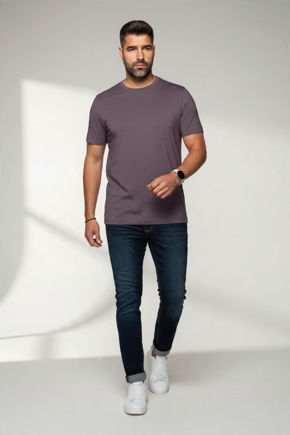 Broderick's Clothing Co. Au Noir C-MAVEN mauve crew neck t-shirt in soft modal and mercerized cotton blend on a model