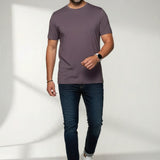 Broderick's Clothing Co. Au Noir C-MAVEN mauve crew neck t-shirt in soft modal and mercerized cotton blend on a model