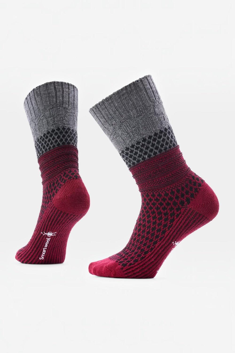 Broderick's Clothing Co. Smartwool women's cozy merino wool crew socks in red and grey with popcorn cable knit texture