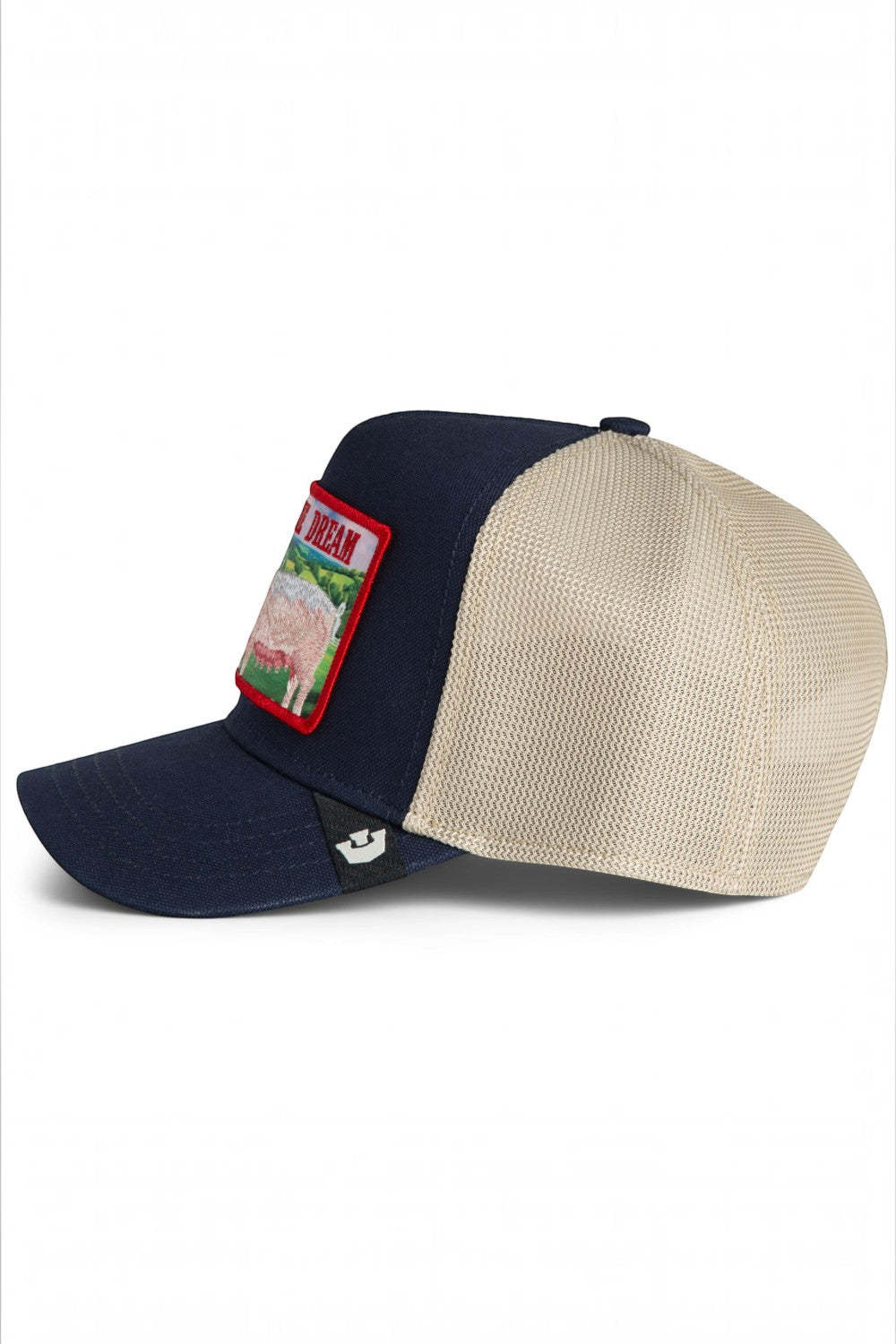 Broderick's Clothing Co. Goorin Bros. navy and beige trucker hat featuring a sheep patch and Livin' the Dream text.