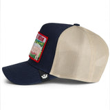 Broderick's Clothing Co. Goorin Bros. navy and beige trucker hat featuring a sheep patch and Livin' the Dream text.