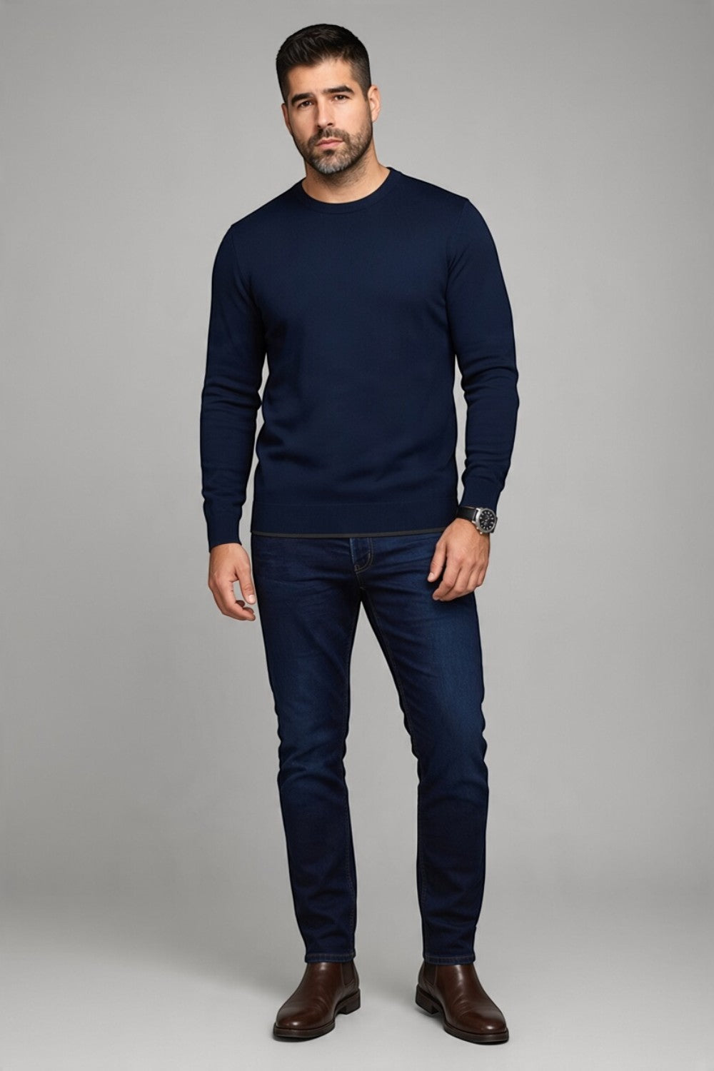 Broderick's Clothing Co. Au Noir LACAUNE navy blue cashmere crew neck sweater worn by a man with dark jeans