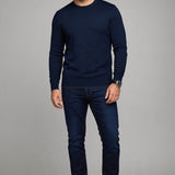 Broderick's Clothing Co. Au Noir LACAUNE navy blue cashmere crew neck sweater worn by a man with dark jeans