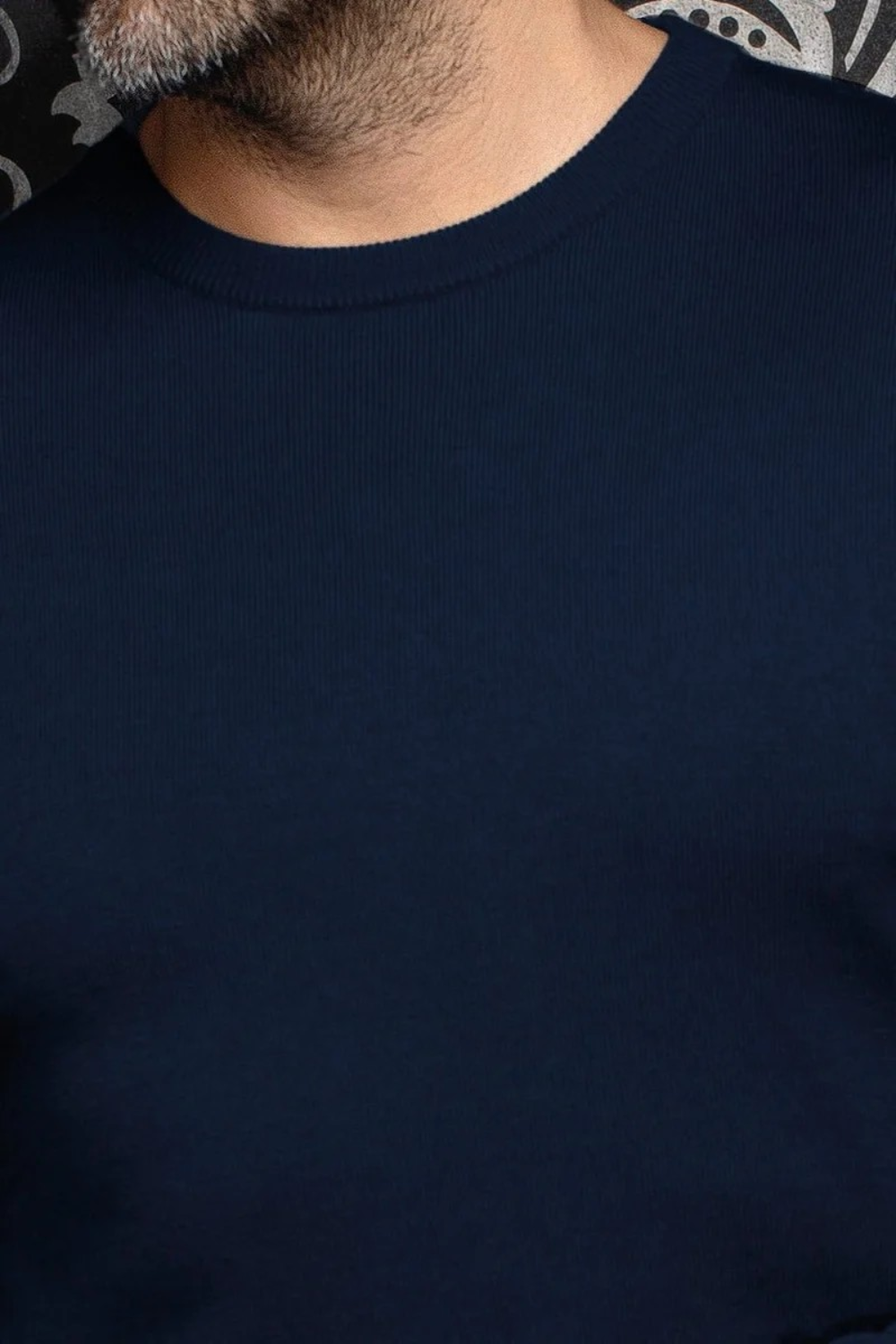 Broderick's Clothing Co. navy blue crew neck cashmere sweater with ribbed detailing worn by a man