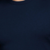 Broderick's Clothing Co. navy blue crew neck cashmere sweater with ribbed detailing worn by a man