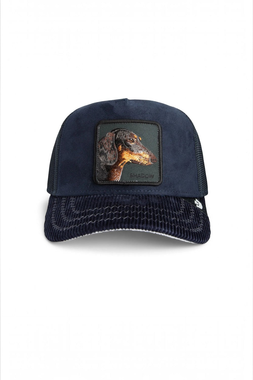 Broderick's Clothing Co. navy blue corduroy trucker hat featuring a dachshund patch with the word SHADOW