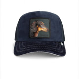 Broderick's Clothing Co. navy blue corduroy trucker hat featuring a dachshund patch with the word SHADOW
