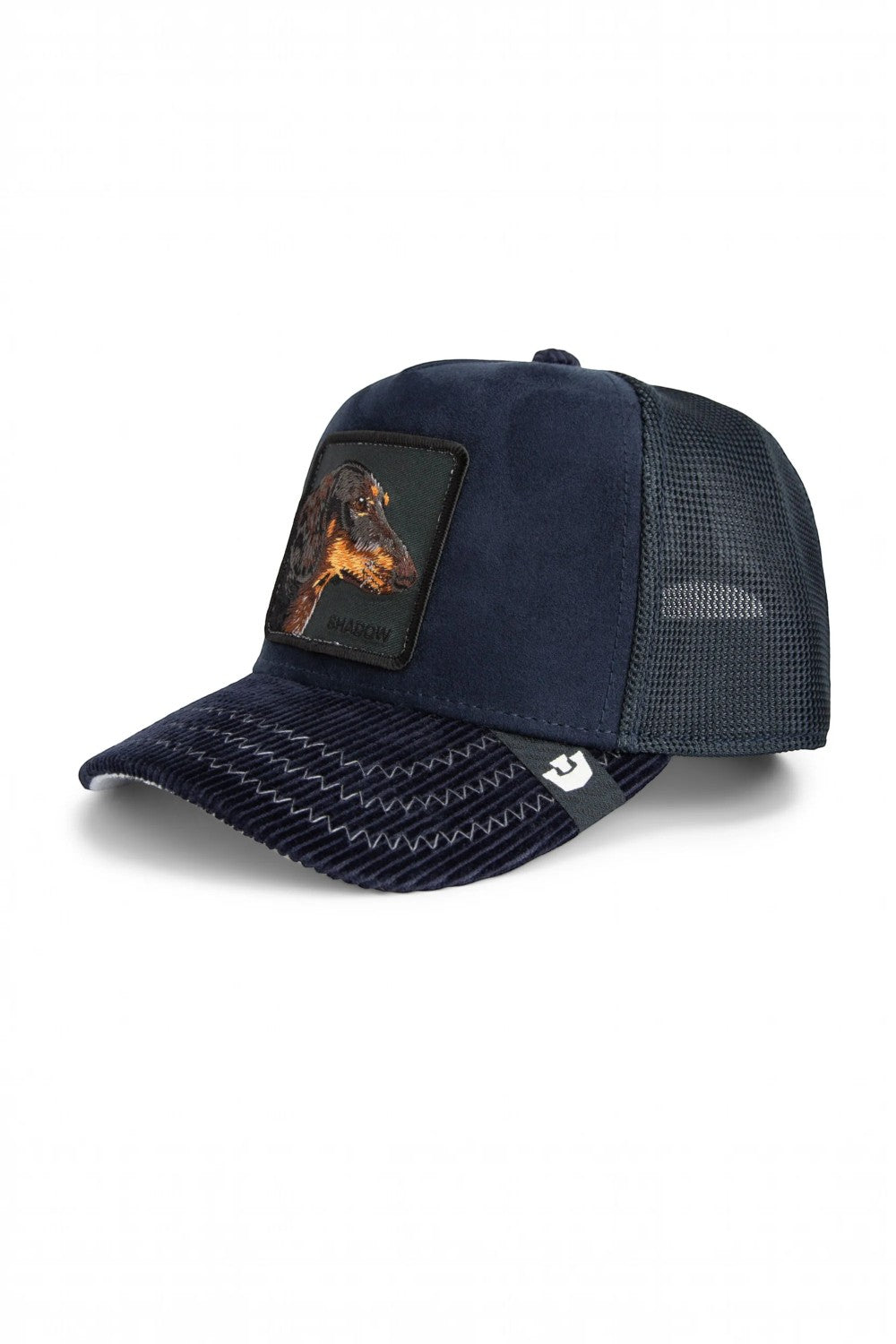 Broderick's Clothing Co. Goorin Bros. navy corduroy trucker hat featuring a dachshund patch and zigzag stitching.