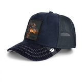 Broderick's Clothing Co. Goorin Bros. navy corduroy trucker hat featuring a dachshund patch and zigzag stitching.