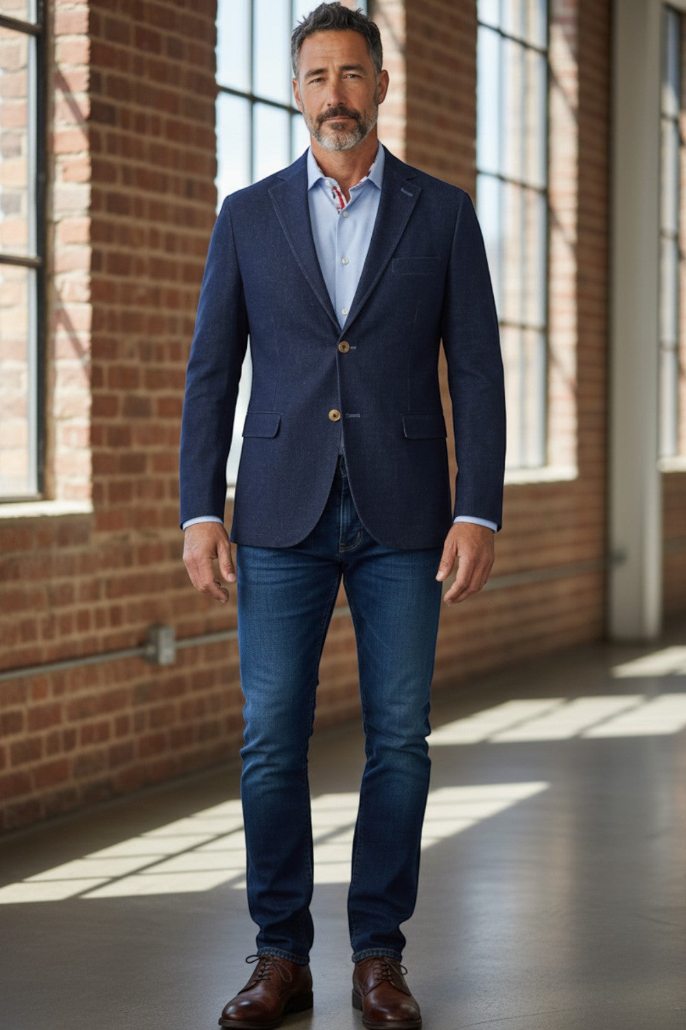 Broderick's Clothing Co. 7 Downie St. navy denim knit sport coat worn by a man with a light blue shirt and jeans.