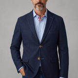 Broderick's Clothing Co. 7 Downie St. navy denim knit sport coat worn by a man with a light blue shirt