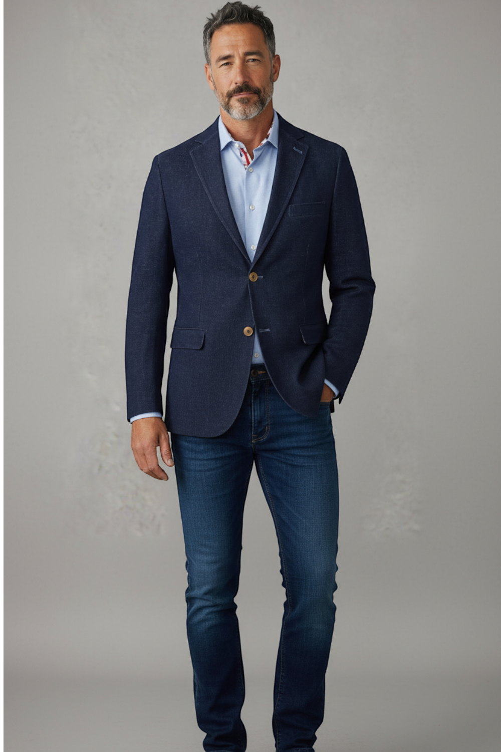 Broderick's Clothing Co. navy denim knit sport coat worn by a man with a light blue shirt and dark jeans