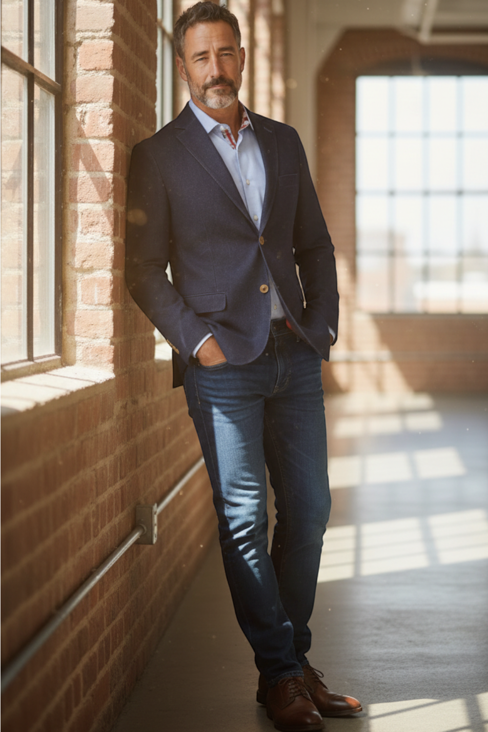 Broderick's Clothing Co. navy denim knit sport coat worn by a man leaning against a brick wall in a sunlit room.