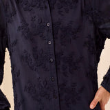 Broderick's Clothing Co. navy blue long sleeve button-down blouse with intricate tonal floral embroidery